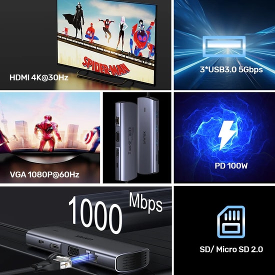 Unitek D1113A USB-C 9in1 Universal Dock Station - 100W PD, Gigabit Ethernet, 4K HDMI, VGA, SD/TF Kart Okuyucu Hub