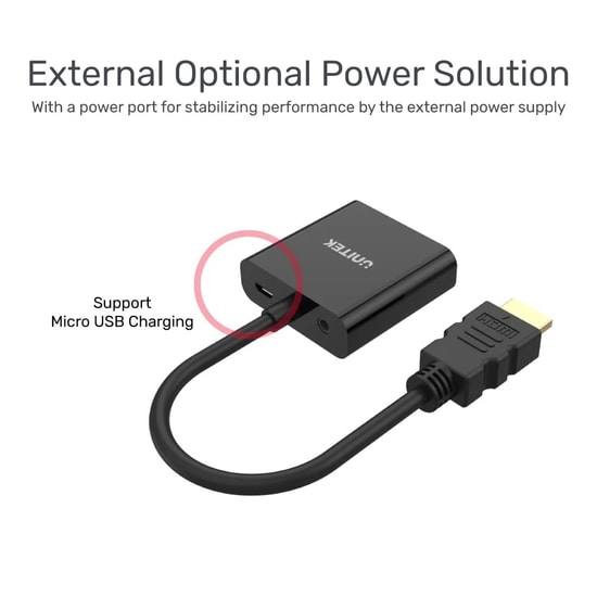 Unitek Y-6333 HDMI to VGA 1080P Ses Destekli Dönüştürücü Adaptör - Full HD Aktarım, 3.5mm AUX Çıkışı, 15cm Kablo