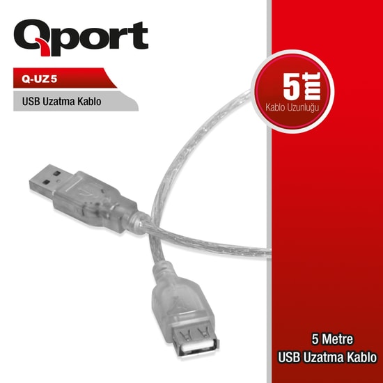 Qport Q-UZ5-5MT 5 Metre USB Uzatma Kablosu - Yüksek Hızlı Veri Aktarımı, Dayanıklı ve Esnek Yapı, Siyah Renk