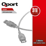 Qport Q-UZ3-3MT 3 Metre USB 2.0 Uzatma Kablosu - Yüksek Hızlı Veri Aktarımı, Dayanıklı ve Esnek Yapı, Siyah Renk