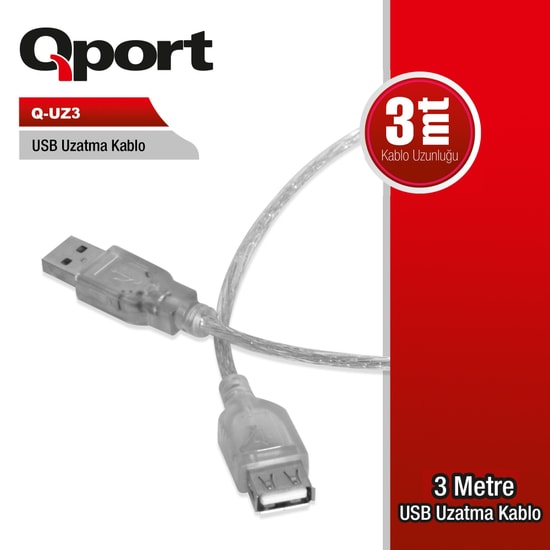 Qport Q-UZ3-3MT 3 Metre USB 2.0 Uzatma Kablosu - Yüksek Hızlı Veri Aktarımı, Dayanıklı ve Esnek Yapı, Siyah Renk