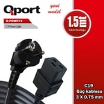 Qport Q-POWC19-1.5M 1.5 Metre C19 Güç Kablosu - Yüksek Akım Kapasiteli Power Kablo, Siyah, 1.5m Uzunluk