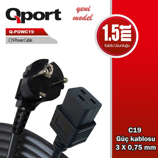Qport Q-POWC19-1.5M 1.5 Metre C19 Güç Kablosu - Yüksek Akım Kapasiteli Power Kablo, Siyah, 1.5m Uzunluk