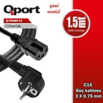 Qport Q-POWC15-1.5M 1.5 Metre C15 Güç Kablosu - Yüksek Isı Dirençli C15 Power Kablo, Siyah, 1.5m Uzunluk, 220V Uyumluluk