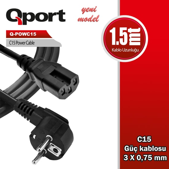 Qport Q-POWC15-1.5M 1.5 Metre C15 Güç Kablosu - Yüksek Isı Dirençli C15 Power Kablo, Siyah, 1.5m Uzunluk, 220V Uyumluluk