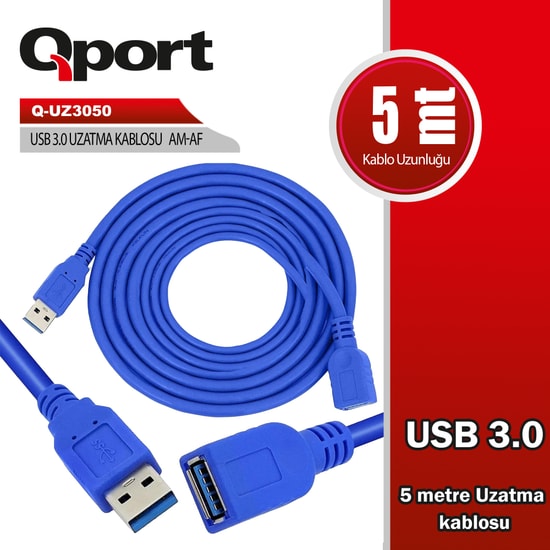 Qport Q-UZ3050-5MT 5 Metre USB 3.0 Uzatma Kablosu - Yüksek Hızlı Veri Aktarımı, Dayanıklı ve Esnek Yapı, Siyah Renk