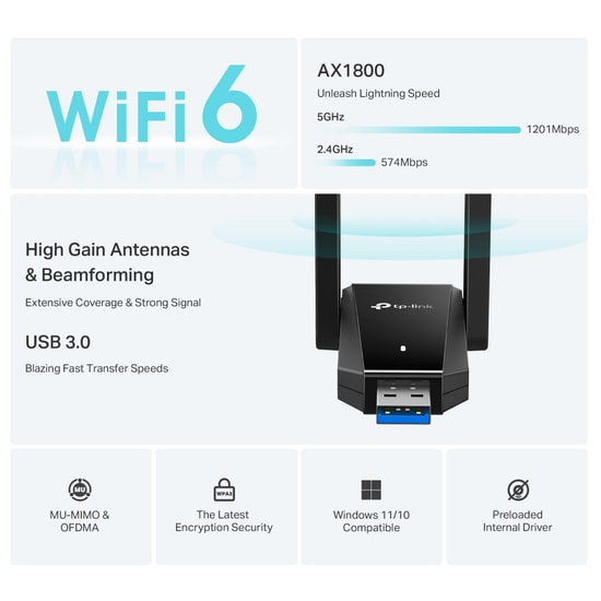 TP-Link Archer TX30U Plus AX1800 Wi-Fi 6 USB Adaptör - Çift Antenli, 2.4/5 GHz Çift Bant, USB 3.0, Ağ Adaptörü