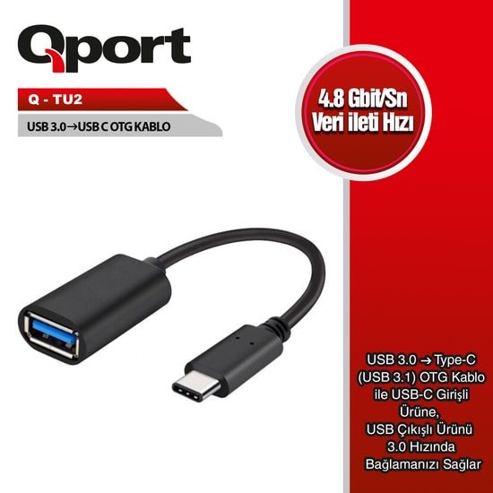 Qport Q-TU2 Type-C to USB 3.0 OTG Dönüştürücü Adaptör Kablo - 5Gbps Yüksek Hızlı Veri Aktarımı, USB-C OTG Çevirici