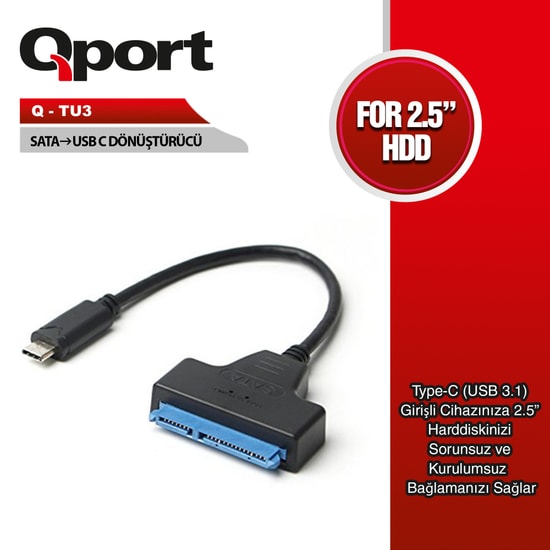 Qport Q-TU3 Type-C to SATA Çevirici Adaptör - USB 3.1 Yüksek Hızlı Veri Aktarımı, 2.5 inç SSD ve HDD Uyumlu Dönüştürücü