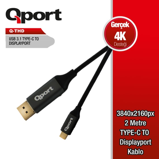 Qport Q-THD Type-C to DisplayPort 4K Dönüştürücü Kablo - 2 Metre Uzunluk, 4K Çözünürlük, Görüntü Aktarımı, Siyah