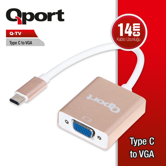 Qport Q-TV Type-C to VGA Çevirici Adaptör - Full HD Görüntü Aktarımı, USB-C Dönüştürücü, Tak Çalıştır, Siyah Kablo