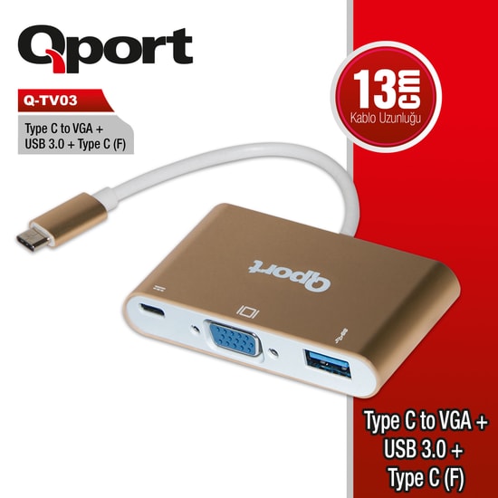 Qport Q-TV03 Type-C to VGA, USB 3.0 ve Type-C PD Dönüştürücü - Full HD Görüntü Aktarımı, Çok Fonksiyonlu Adaptör