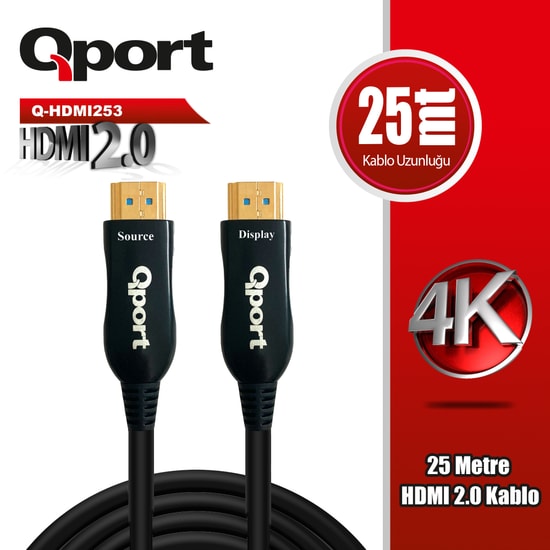 Qport Q-HDMI253 25m HDMI Kablo 2.0V - 4K Altın Uçlu, Parazit Önleyici, Yüksek Çözünürlüklü Görüntü ve Ses Aktarımı