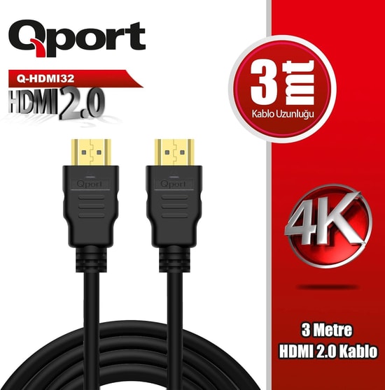 Qport Q-HDMI32 3m HDMI Kablo 2.0V - 3 Metre, 4K 60Hz Destekli, Altın Uçlu, Yüksek Hızlı Görüntü ve Ses Aktarım Kablosu