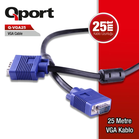 Qport Q-VGA25 25 Metre 15 Pin Filtreli VGA Kablo - Full HD Görüntü Aktarımı, Erkek Erkek Monitör ve Projeksiyon Kablosu