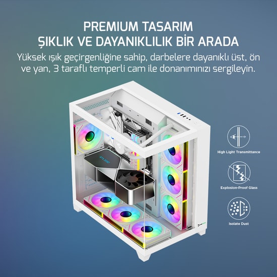 Gamepower Warcry TopGlass 750W (WARCRY-TOPGLASS-750W-BEYAZ-GP) Beyaz Gaming Kasa - 4xARGB Fan, Temperli Cam, ATX, 750W