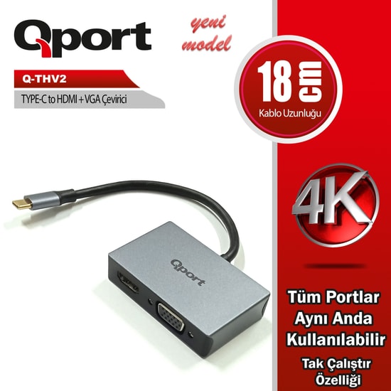Qport Q-THV2 Type-C to HDMI ve VGA Çevirici Adaptör - 2 Port Görüntü Aktarım, Genişletilmiş Ekran, Tak Çalıştır