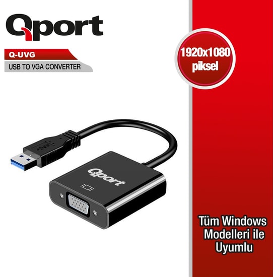 Qport Q-UVG USB 3.0 to VGA Çevirici Adaptör - Full HD Görüntü Aktarımı, Yüksek Hızlı Dönüştürücü, Tak Çalıştır Kablo