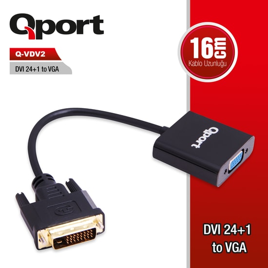 Qport Q-VDV2 DVI-D (24+1) to VGA Dönüştürücü - Full HD Aktif Görüntü Çevirici Adaptör, Tak Çalıştır, Siyah Çerçeve