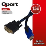 Qport Q-HDV DVI to HDMI 24+1 Dönüştürücü Çevirici Kablo 1.5 Metre - 1080p Full HD Destekli, Altın Uçlu Bağlantı