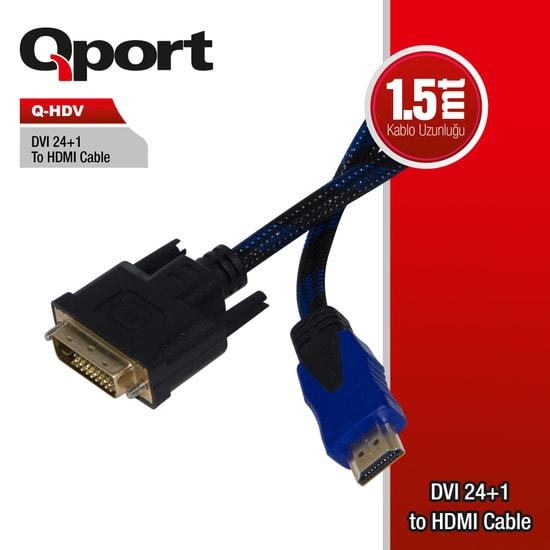 Qport Q-HDV DVI to HDMI 24+1 Dönüştürücü Çevirici Kablo 1.5 Metre - 1080p Full HD Destekli, Altın Uçlu Bağlantı