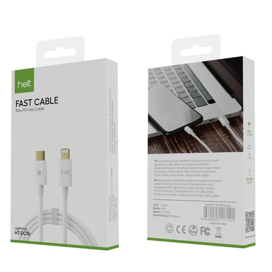 Helt HT-DC16 30W Plastik 100 Cm Type-C To Lightning Şarj ve Data Kablosu (Beyaz) - 30W Hızlı Şarj, MFI Destekli, 1 Metre