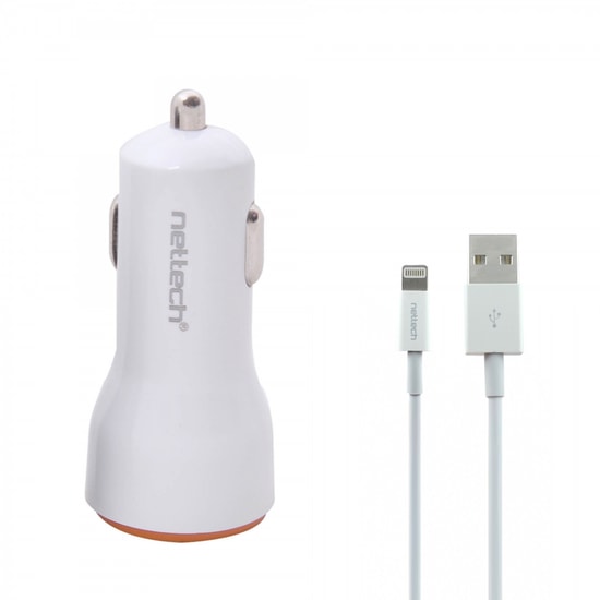 Nettech NT-13 5W 2 Çıkışlı 2100 mAh Lightning Kablo + Araç Şarj Aleti (Beyaz) - 100 Cm Kablo, 5V, Plastik Malzeme