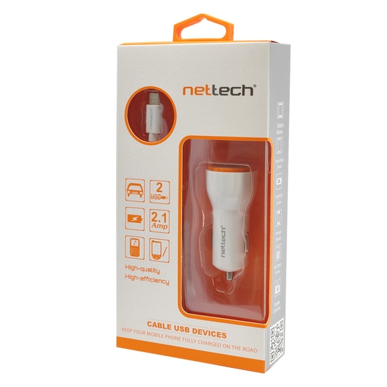 Nettech NT-13 5W 2 Çıkışlı 2100 mAh Lightning Kablo + Araç Şarj Aleti (Beyaz) - 100 Cm Kablo, 5V, Plastik Malzeme