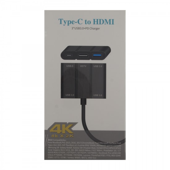 Nettech Plastik Type-C To Hdmi Hub (Siyah) - NTHDMI-TYPEC-SIYAH, 10 Cm Uzunluk, 5 Girişli Görüntü Aktarım Kablosu