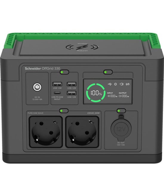 Schneider PPS330-GR OffGrid 330 Taşınabilir Güç İstasyonu - 332Wh Lityum-İyon, Saf Sinüs, Kablosuz Şarj, 2x Schuko Priz