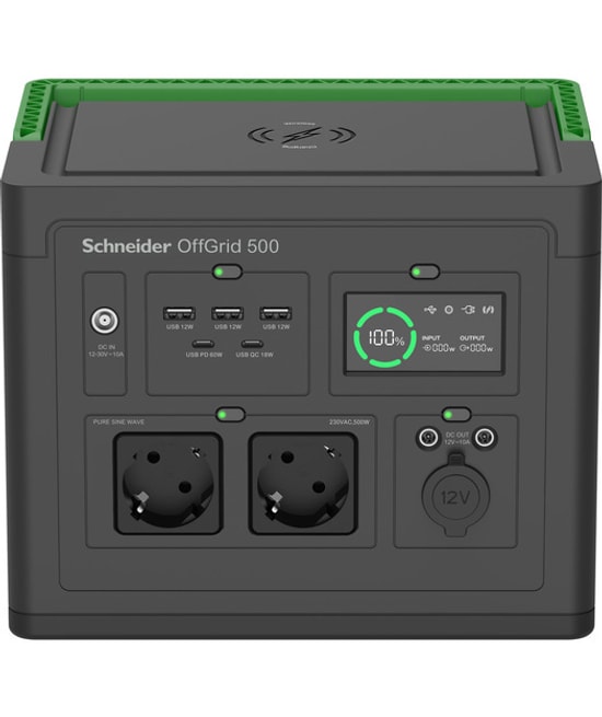 Schneider PPS500-GR OffGrid 500 Taşınabilir Güç İstasyonu - 517Wh Lityum-İyon, Saf Sinüs, Kablosuz Şarj, 2x Schuko Priz