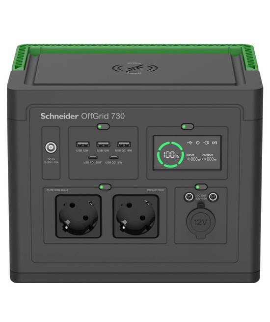 Schneider PPS730-GR OffGrid 730 Taşınabilir Güç İstasyonu - 738Wh Lityum-İyon, Saf Sinüs, Kablosuz Şarj, 2x Schuko Priz