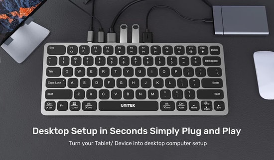 Unitek D1092A 9-in-1 USB-C Hub Klavye - 4K 60Hz HDMI, 100W PD Şarj, 5Gbps USB/SD/TF, İngilizce Q Kablolu Klavye