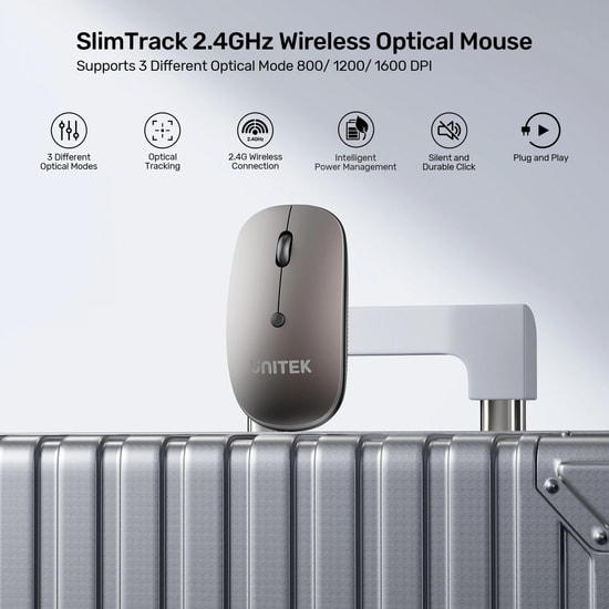 Unitek T060AGY01 SlimTrack Kablosuz Optik Mouse - 2.4GHz, 1600 DPI, Sessiz Tıklama, 10m Menzil, Gri, 3 Tuş, Şık Tasarım