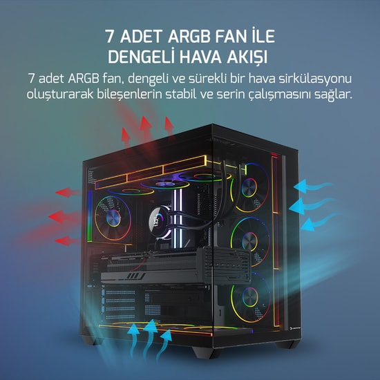 Gamepower Warcry Ravora 650W (RAVORA-650W-SIYAH-GP) Gaming Kasa - 7xARGB Fan, 80+ Bronze, Temperli Cam, ATX Midi Tower