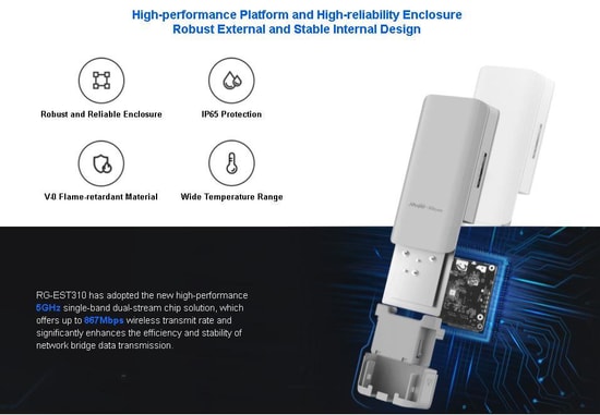 Ruijie Reyee RG-EST310-V2 867Mbps 5GHz 1km Dış Ortam Wireless Bridge Access Point - 10dBi Anten, 2'li Set, PoE