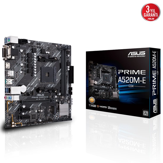 Asus PRIME A520M-E-CSM AM4 DDR4 Anakart - AMD A520, 4600MHz OC, M.2, HDMI, DVI, VGA, USB 3.2, Micro ATX, CSM