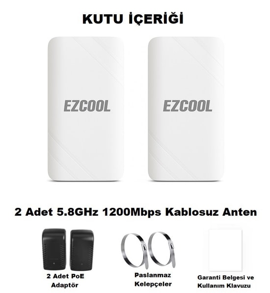 Ezcool EZ-W580AN 1200Mbps 1km Dış Ortam Access Point - 5.8GHz WiFi, 8dBi Anten, 2'li Set, IP65, 2x Gigabit Port, POE