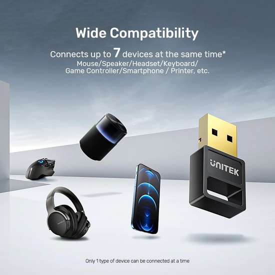 Unitek B105B Bluetooth 5.3 USB Adaptör - 30 Metre Menzil, 7 Cihaz Bağlantısı, Windows 11/10/8.1 Tak Çalıştır