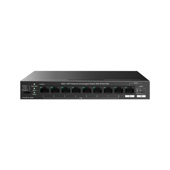 Tenda TEG1110PF-8-120W 10 Port Gigabit 8 Port PoE+ Switch - 120W PoE, 1 SFP Port, 1 Uplink, Masaüstü Yönetilemez Switch