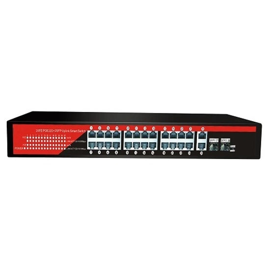 Ezcool EZ-24PSF-SFP-320W 24 Port PoE Switch - 24xFE, 2xGE Uplink, 2xSFP, 320W, Rackmount, Yönetilemez Gigabit Switch