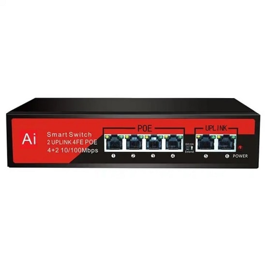 Ezcool EZ-04PSE 6 Port 10/100 Mbps PoE Switch - 4 Port PoE (65W), 2 Uplink Portu, Metal Kasa, Yönetilemez Switch