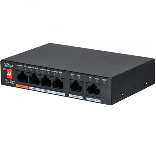 Dahua PFS3006-4ET-60 4 Port 10/100 Mbps PoE Switch - 2 Port Uplink, 60W PoE, Yönetilemez, Masaüstü Metal Kasa Switch