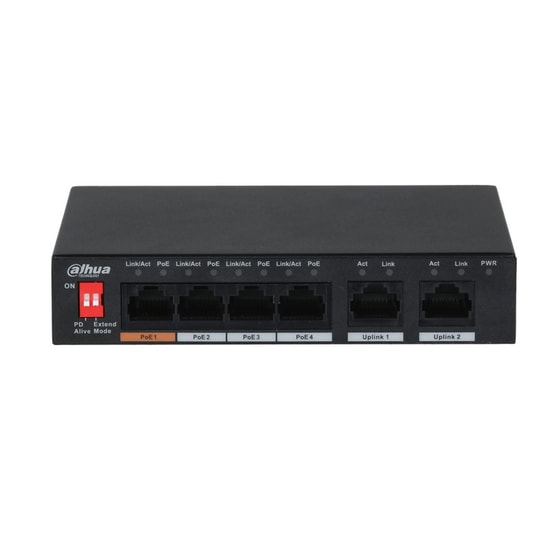 Dahua PFS3006-4ET-60 4 Port 10/100 Mbps PoE Switch - 2 Port Uplink, 60W PoE, Yönetilemez, Masaüstü Metal Kasa Switch
