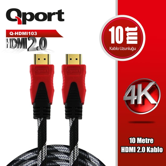 Qport Q-HDMI103 10m HDMI Kablo - 2.0V, 4K Çözünürlük, Altın Uçlu, Örgülü, Yüksek Görüntü ve Ses Aktarımı için 10 Metre