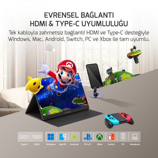 Ezcool Lite E15 15.6" Taşınabilir Monitör (LITE-E15-PORTABLE) - FHD IPS, 60Hz, 4ms, HDMI, USB-C, Dahili Hoparlör, HDR