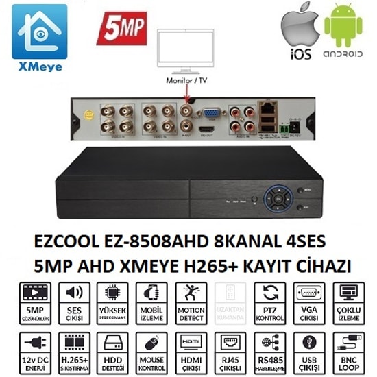Ezcool EZ-8508AHD 8 Kanal 5MP Hibrit AHD Kayıt Cihazı - 1x8TB HDD Desteği, Xmeye, H.265+, VGA, HDMI, XVR/DVR/NVR