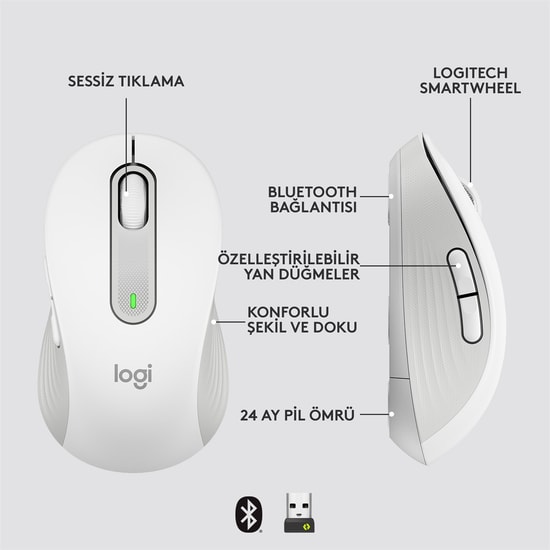 Logitech Signature M650 Beyaz Kablosuz Mouse (910-006255) - Küçük/Orta Boy, Sağ El İçin, Sessiz Tıklama, SmartWheel
