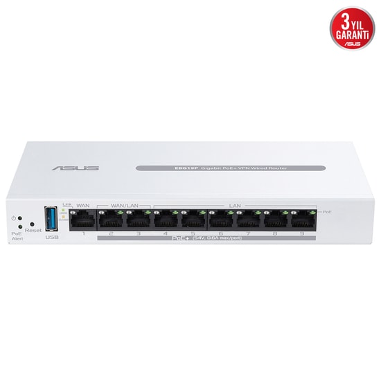 Asus ExpertWiFi EBG19P 9 Port Gigabit PoE+ VPN Kablolu Router - 8x PoE+, 123W Güç, 3x WAN, AiProtection Pro Güvenlik