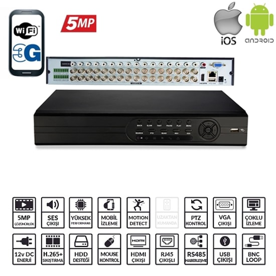 Ezcool EZ-8732AHD 32 Kanal Full HD DVR Kayıt Cihazı - 2X8TB HDD Desteği, Xmeye, Hibrit, Ses Kayıt, HDMI, VGA Port